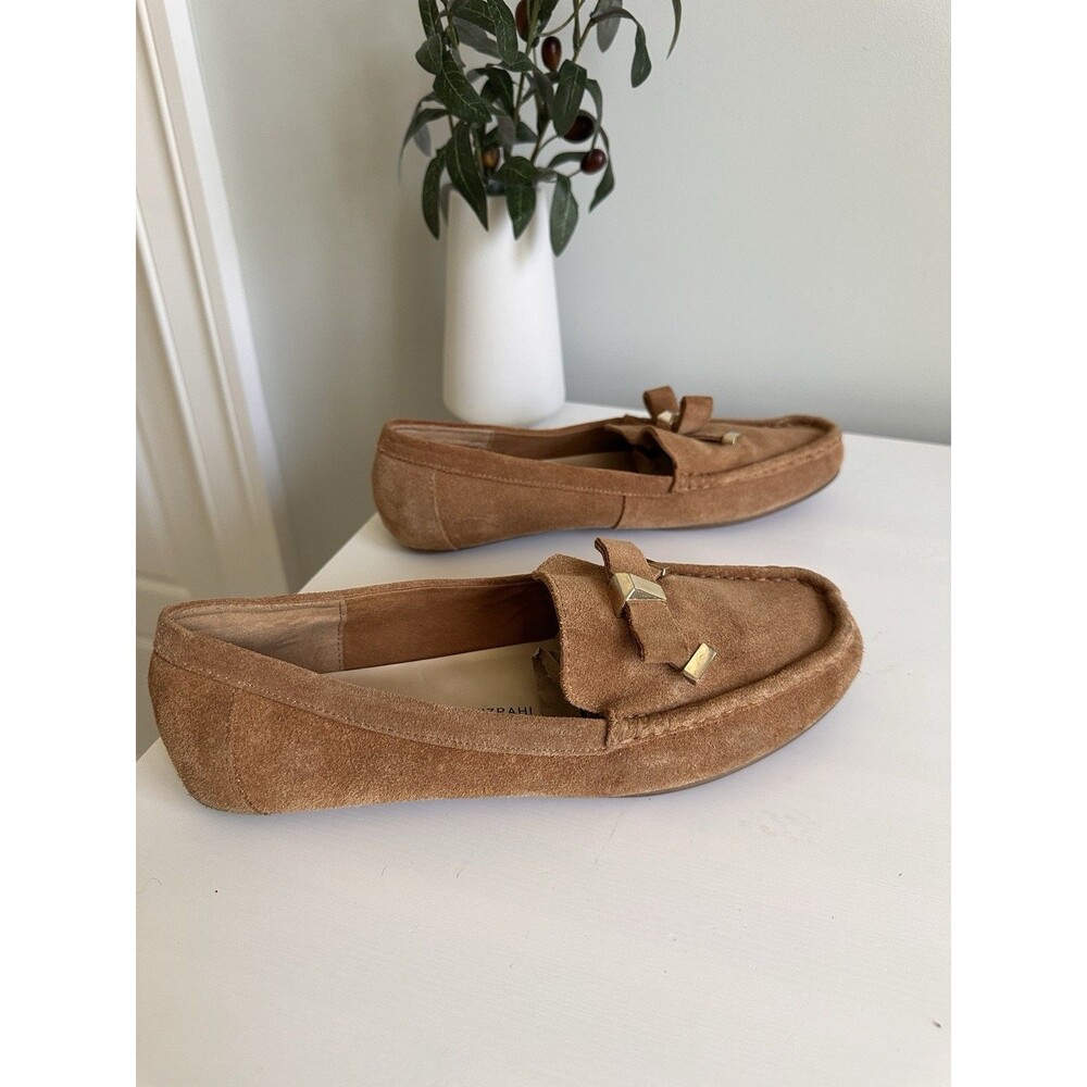 Isaac Mizrahi Live! Tan Suede Bow Loafers Gold Hardware  Moccasins 8.5M - Picture 5 of 7